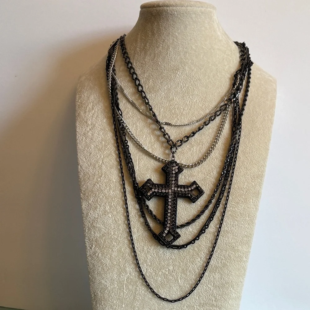 Express Gunmetal Layered Cross Necklace Pavé Statement Chains Y2K - Picture 2 of 7